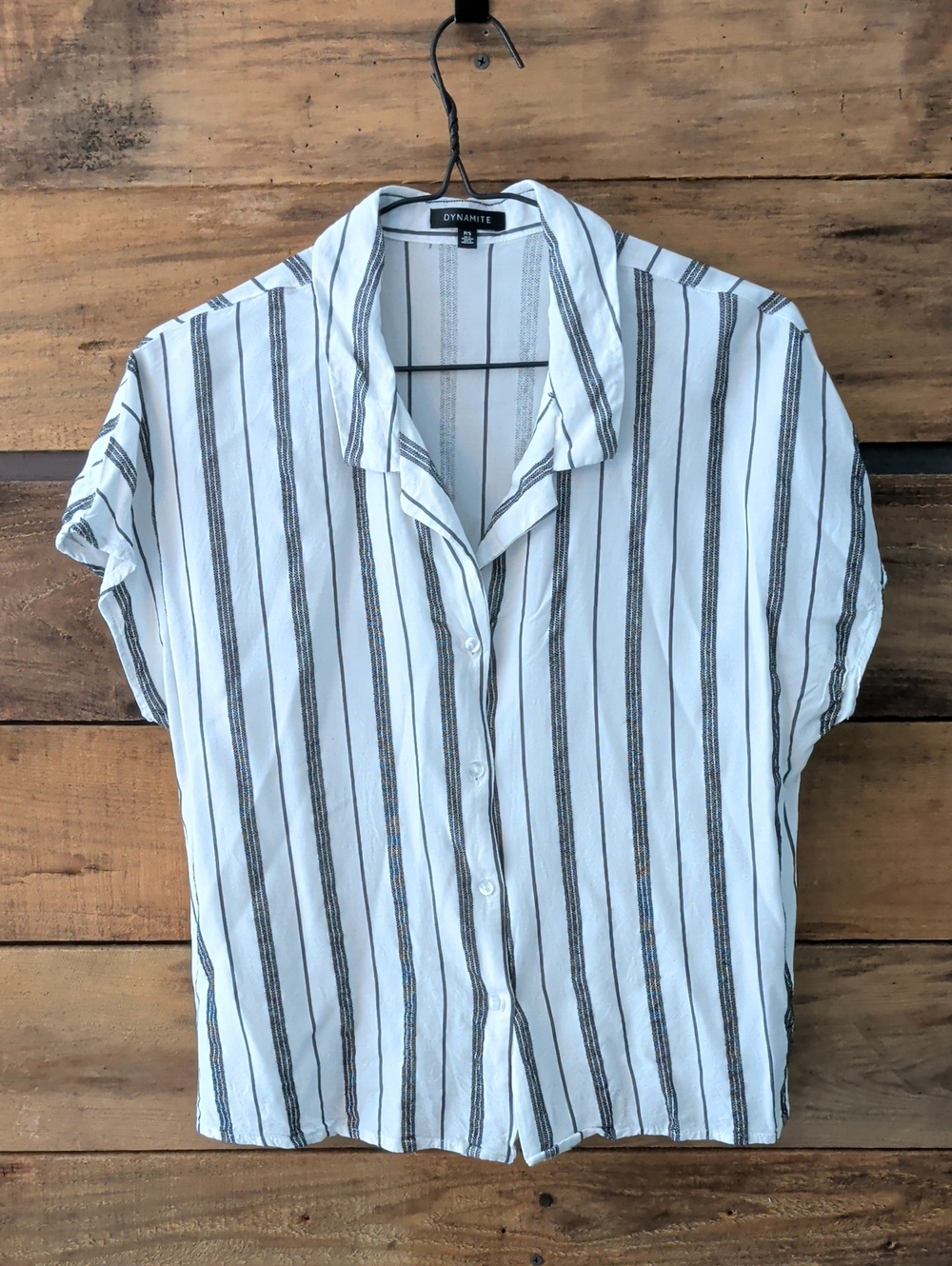 Dynamite White Button-Down Short Sleeve Shirt with Black Stripes